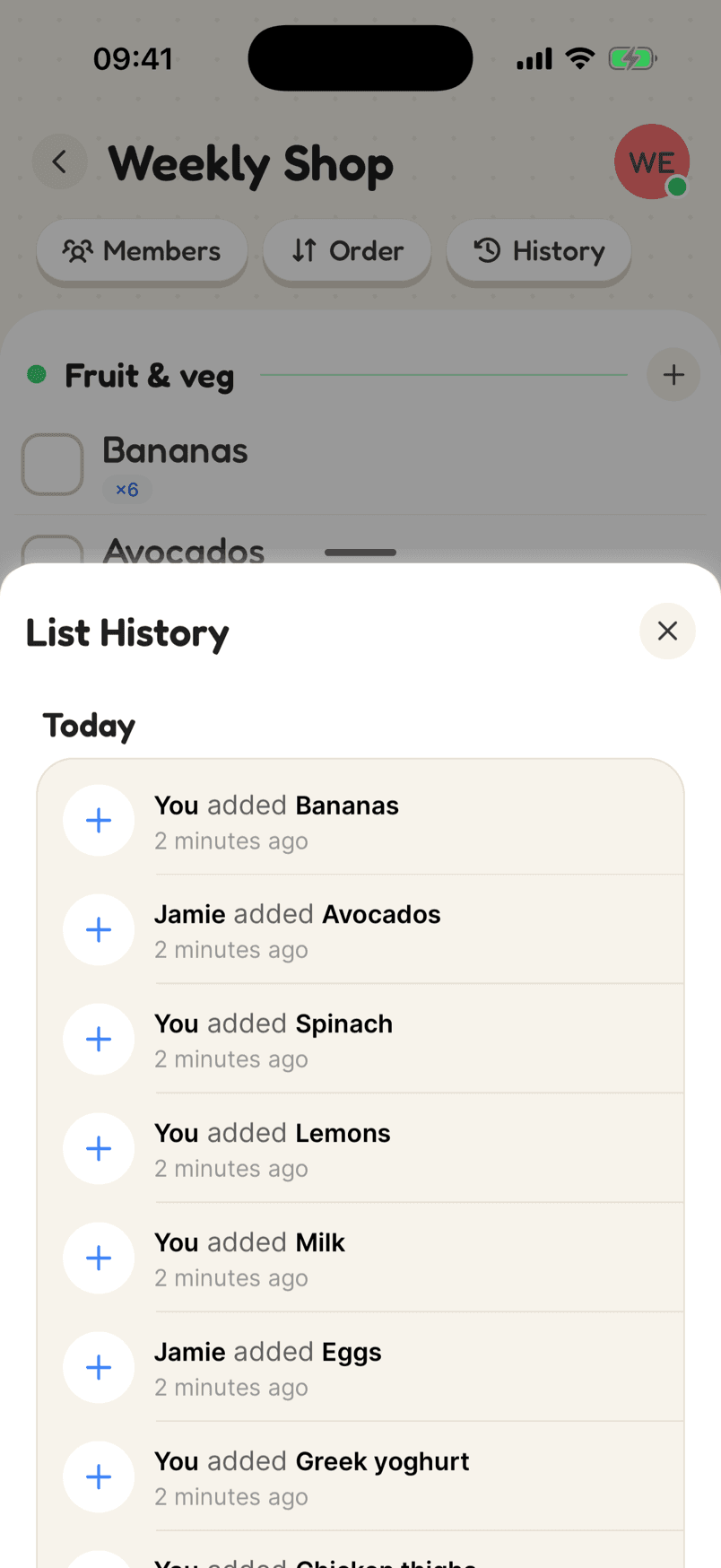List history showing who added and completed each item