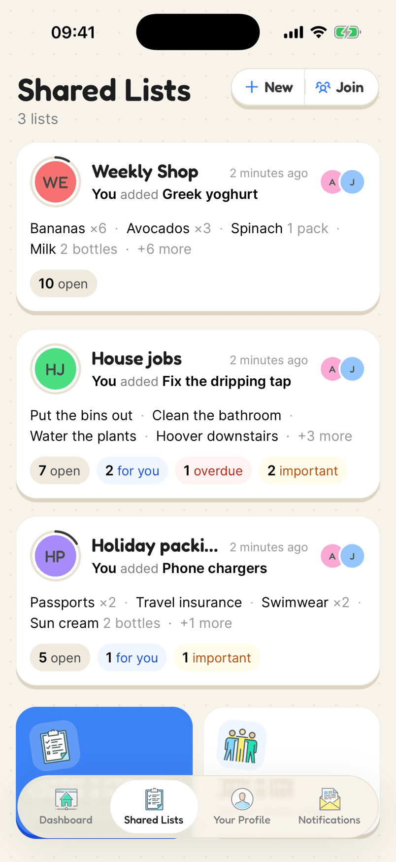 Several shared lists, each with counts of open items