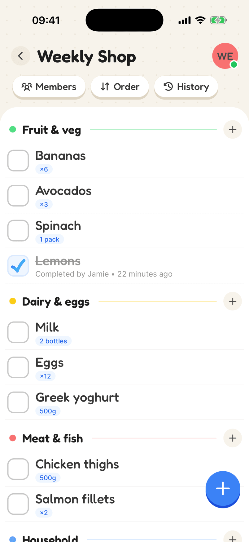 The Weekly Shop list grouped into categories, with quantities and an item Jamie ticked off