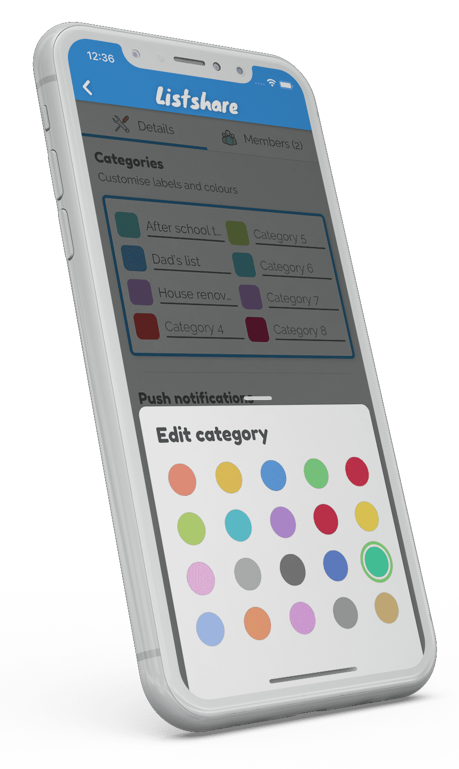 Selecting a custom colour for a category in the listshare app