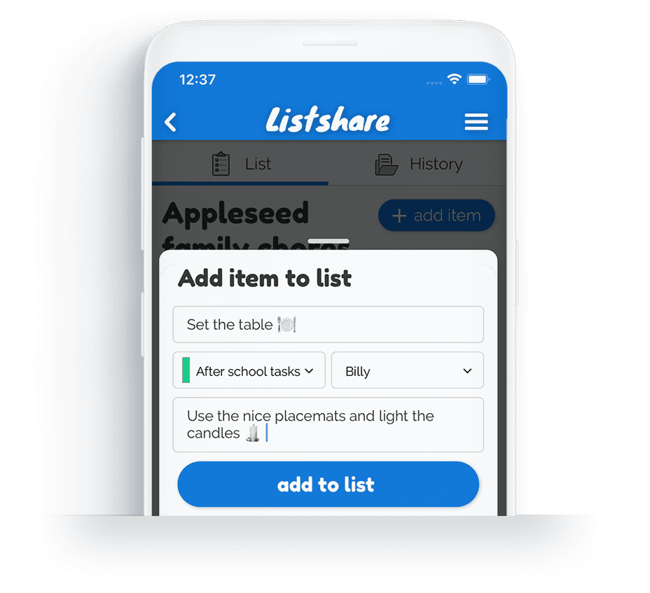 Screenshot of adding an item to a list in the Listshare app